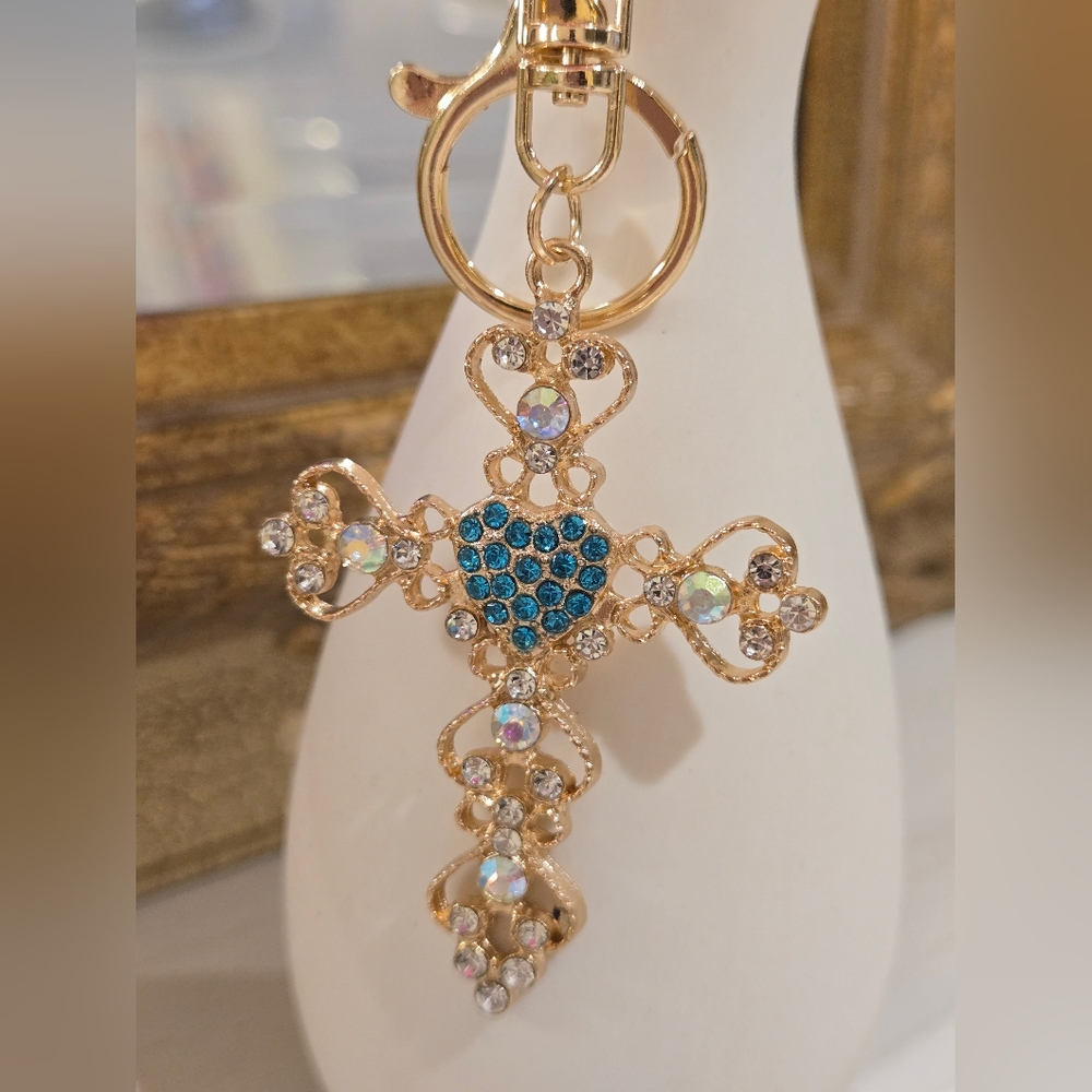 Goldtone and Blue Cross Keychain/ Bag Charm